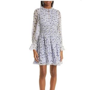 REBECCA TAYLOR Deco Floral Print Shirred Long Sleeve Mock Neck Silk Dress 6